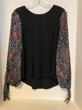 Anthropologie Black Top with Multicolor Paisley Balloon Sleeves
